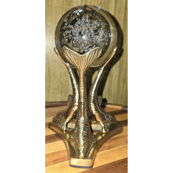 Vintage 4" Crystal Ball  with Dolphin Brass Stand 5.25" Orb Stunning Heavy - Picture 13 of 15